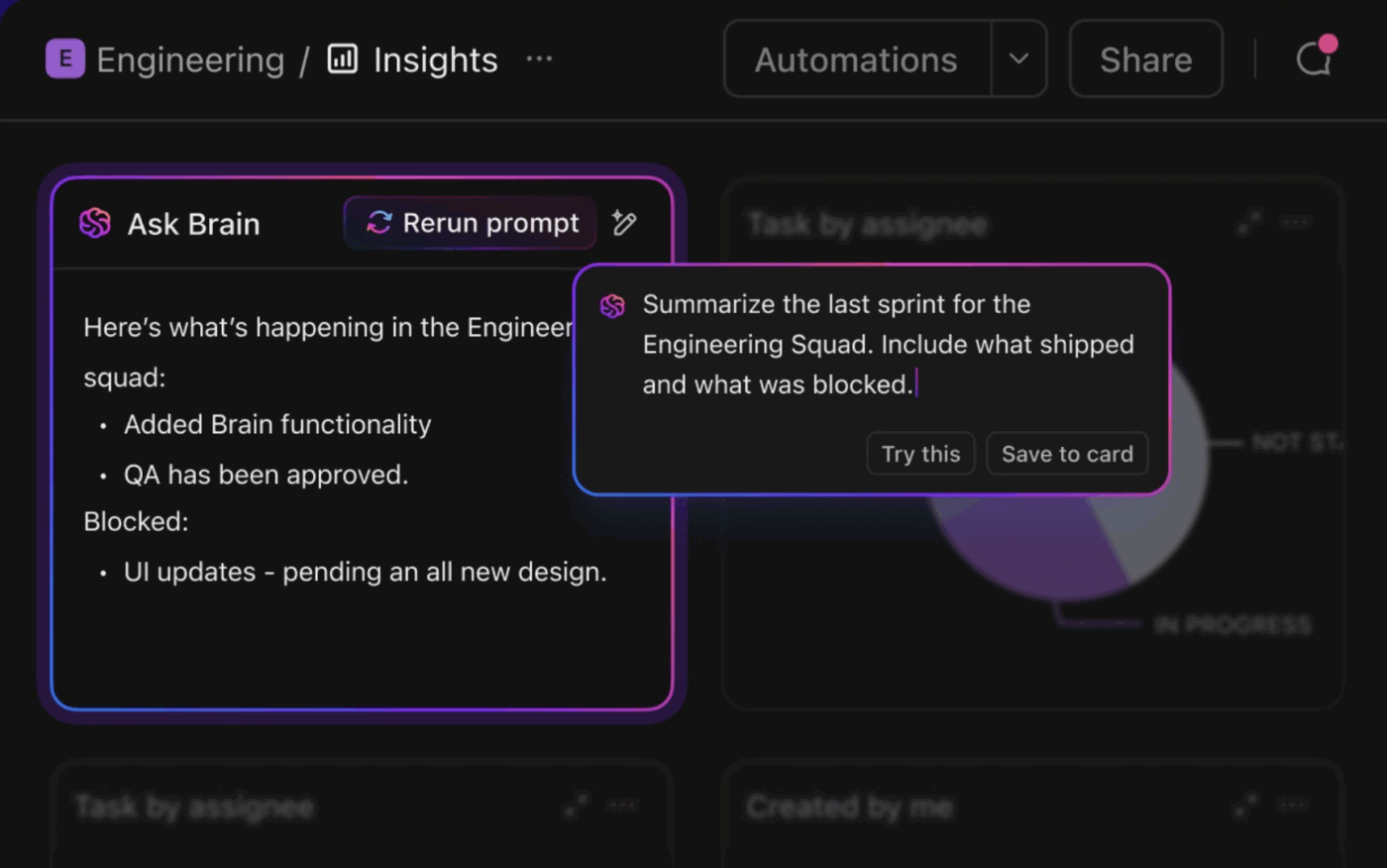 Add AI-powered cards to Dashboards and Overviews to instantly generate summaries, reports, status updates, or whatever you can imagine.
